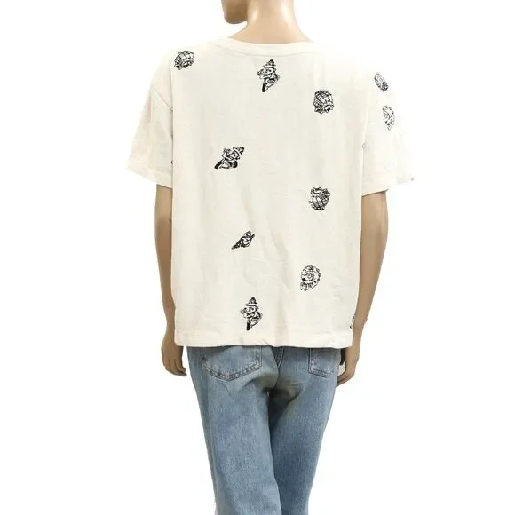 Anthropologie Maeve Embroidered Shell Short-Sleeve Sweatshirt Top L New 281991